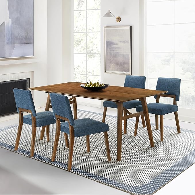 Armen Living Channell Mid Century Modern 5 Piece Walnut Wood Dining Table Set with Blue Fabric