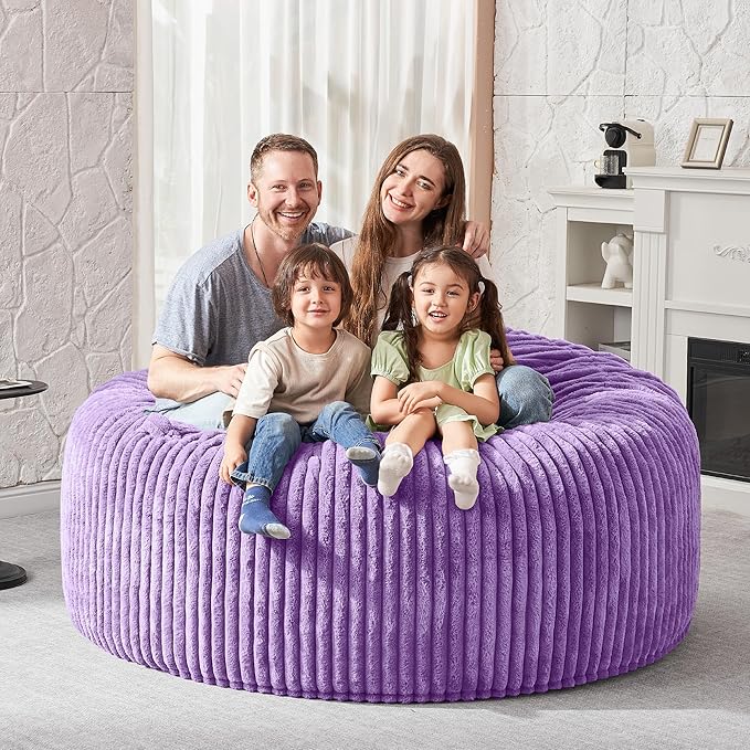 HABUTWAY 5FT Bean Bag Chair, 5' Large Bean Bag Chairs for Adults with Removable Stripe Plush Cover, Memory Foam Beanbag Chair for Living Room Bedroom Dorm (Purple)