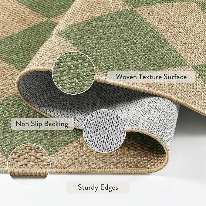 Lahome Green Checkered Easy Jute Rug, 3x5 Washable Outdoor Rug Neutral Rug for Entryway, Checkerboard Non Slip Non Shedding Floor Carpet for Living Room Front Door Porch