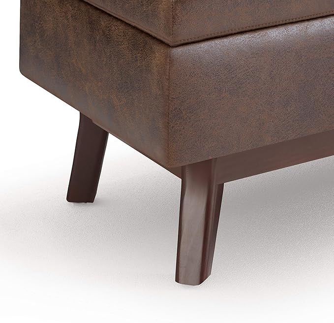 SIMPLIHOME Owen 36 inch Wide Mid Century Modern Small Rectangular Storage Ottoman in Distressed Chestnut Brown Vegan Faux Leather, Assembled, For the Living Room, Entryway and Family Room