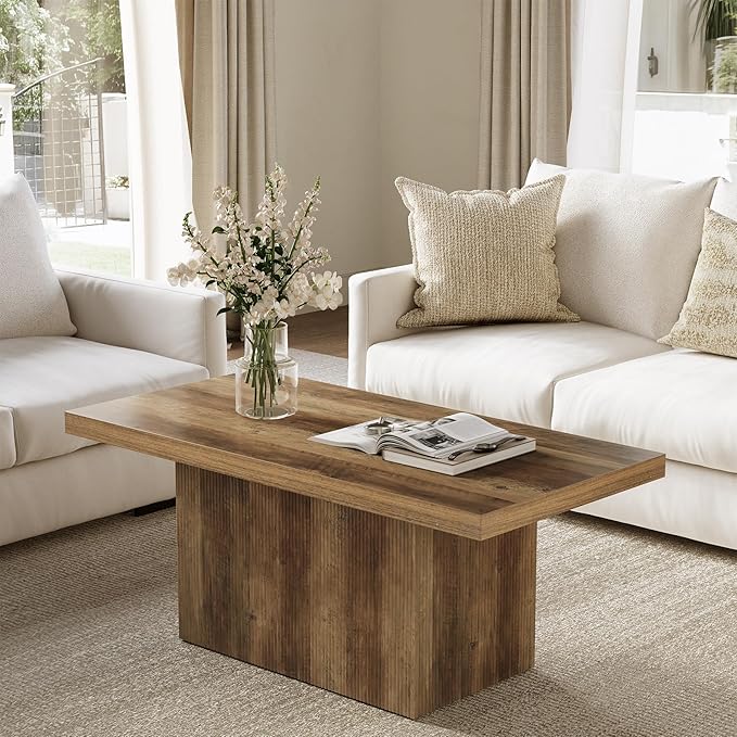 47-Inch Large Coffee Table with Pedestal, Living Room Center Table Rectangle Thickened Tabletop, Farmhouse Low Cocktail Tea Furniture for Living Room, Apartments, Rustic Brown