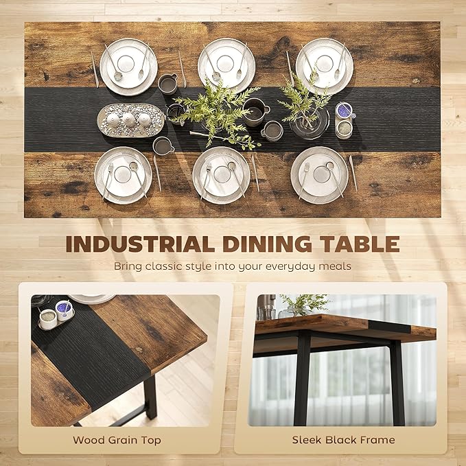 HOMCOM Industrial Dining Table for 8 People, 70.9" Long Rectangular Kitchen Table with Large Tabletop and Steel Legs for Dining Room, Rustic Brown
