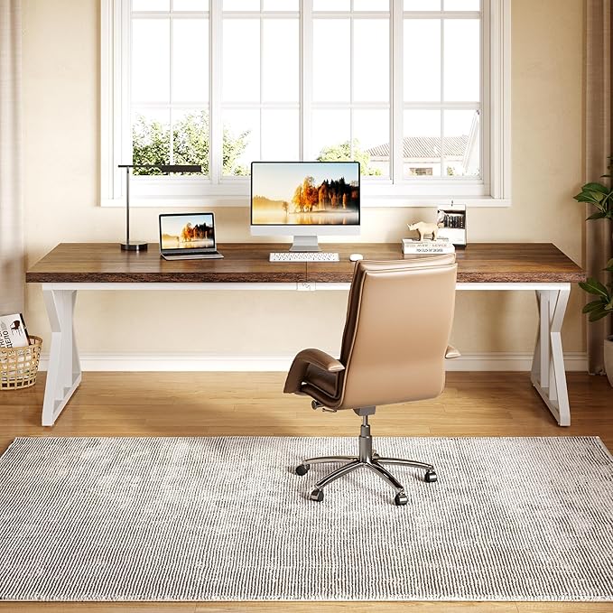 LITTLE TREE 78.7 Inch Large Executive Desk, Modern Computer Office Desk, Wooden Writing Desk Study Table for Home Office, Rustic Brown-White