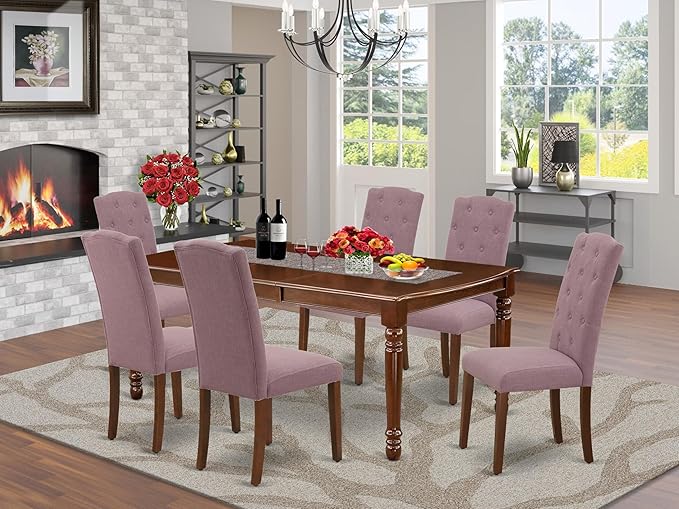 East West Furniture DOCE7-MAH-10 7 Piece Dinette Set Consist of a Rectangle Dining Room Table with Butterfly Leaf and 6 Dahlia Linen Fabric Parsons Dining Chairs, 42x78 Inch, Mahogany