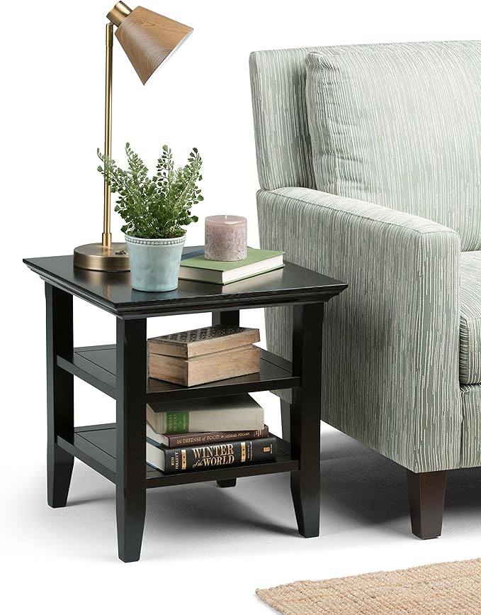 SIMPLIHOME Acadian SOLID WOOD 19 inch Wide Square Transitional End Table in Black for the Living Room and Bedroom