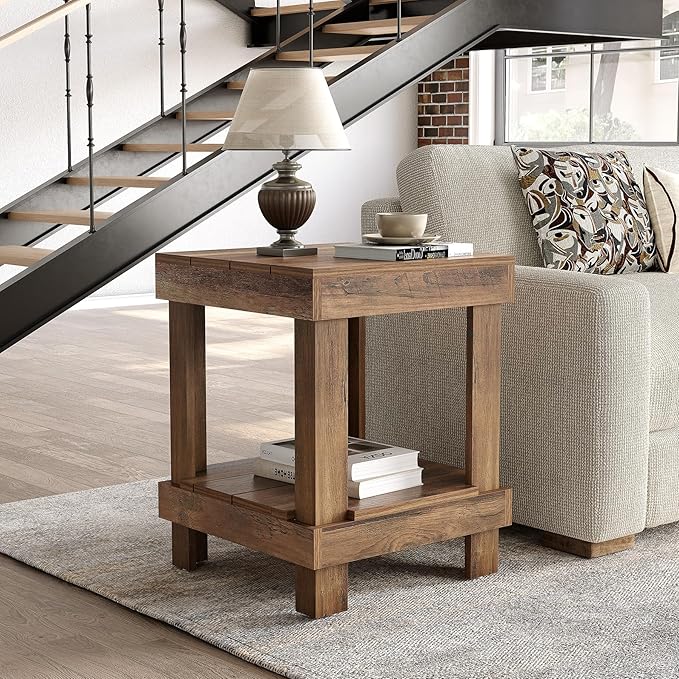 LITTLE TREE End Table Set of 2, All Wooden 2-Tier Square Side Table with Storage Shelves, Farmhouse Style Side End Table for Living Room, Small Bedside Table Nightstand for Bedroom, Reclaimed Natural
