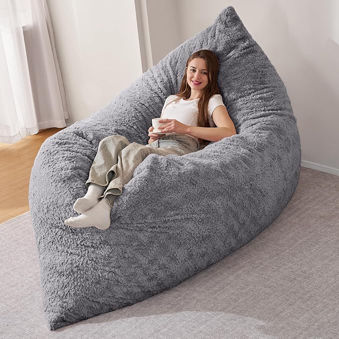 HABUTWAY 4 in 1 Bean Bag Chair, Giant Memory Foam Filling Bean Bag Sofa, Adult Bean Bag Chair, Machine Washable Faux Fur Cover, Bean Bag for Adult (Light Grey)