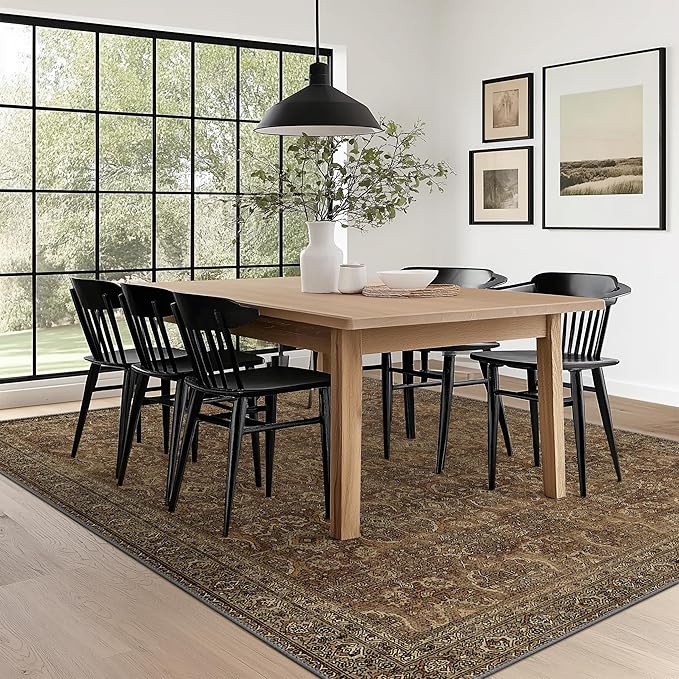 6X9 Area Rugs Machine Washable Rugs for Living Room, Vintage Boho Large Rugs for Bedroom Dining Room, Non Slip Indoor Soft Distressed Lightweight Thin Low Pile Carpet, Rustic Brown
