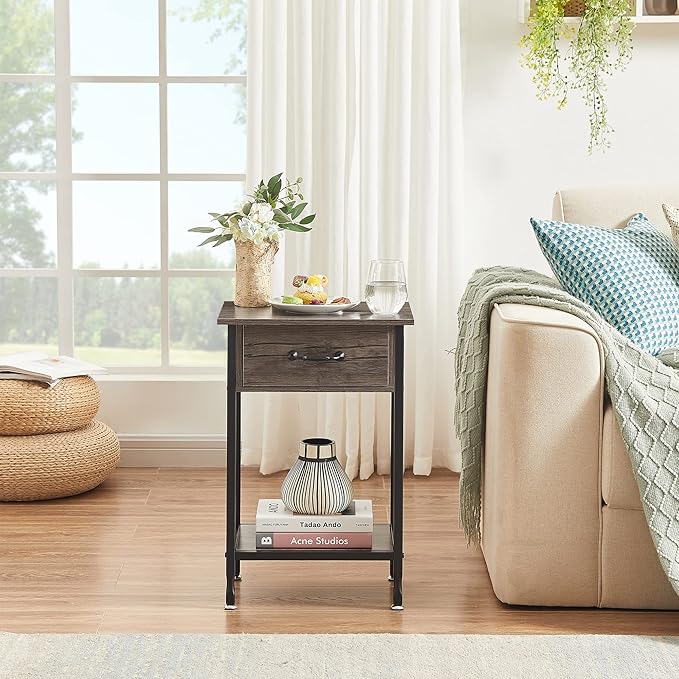 VECELO Nightstands Set of 2, Industrial Side Table/End Tables with Drawer and Storage Shelf, Night Stands for Bedroom, Living Room, Wood Metal Furniture, Easy Assembly