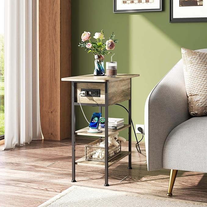 WLIVE End Table with Charging Station, Flip Top Side Table with Storage Shelf, Narrow Bedside Table for Living Room, Sofa Couch Table with USB Ports and Outlets, Bedroom Nightstand, Greige