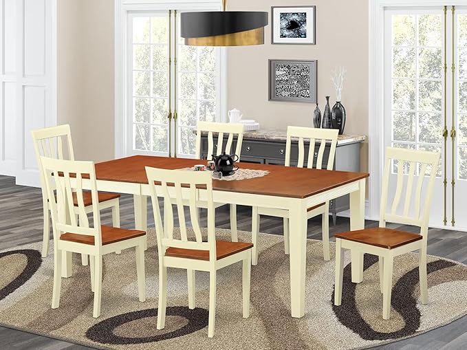 East West Furniture QUAN7-WHI-W 7 Piece Dining Table Set Consist of a Rectangle Dinner Table with Butterfly Leaf and 6 Dining Room Chairs, 40x78 Inch, Buttermilk & Cherry