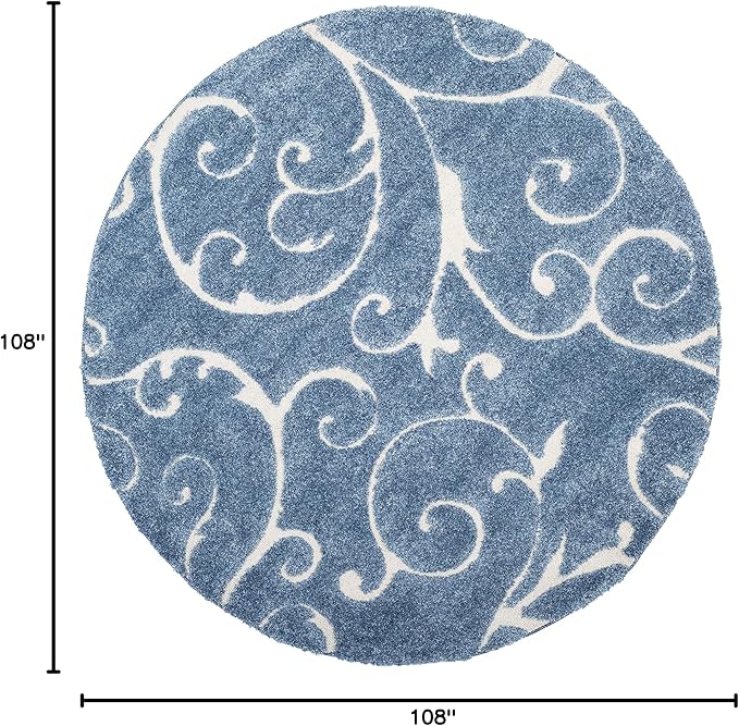 SAFAVIEH Florida Shag Collection Area Rug - 9' Round, Light Blue & Cream, Scroll Design, Non-Shedding & Easy Care, 1.2-inch Thick Ideal for High Traffic Areas in Living Room, Bedroom (SG455-6011)
