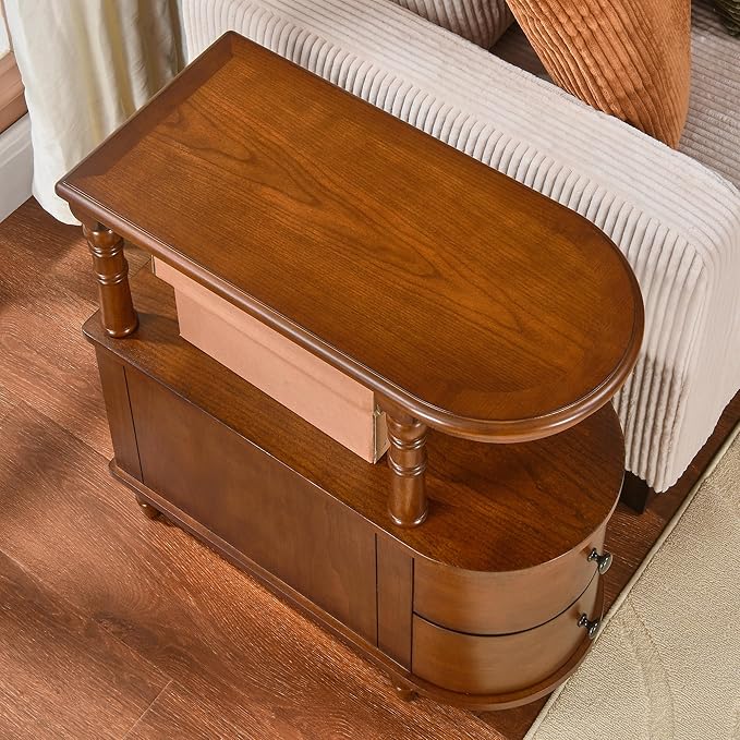 2 Set of Wood End Table with 2 Drawers and Storage Shelf, Narrow Sofa Side Table for Living Room, Vintage Slim Nightstand Bedside Table for Bedroom, Slim Chair Side Table Cherry Brown A508MG