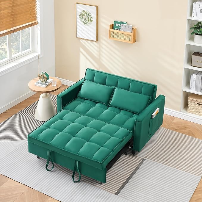 Ball & Cast 55" Convertible Sofa Bed,3 in 1 Sleeper Sofa W/Pull-Out Bed,Convertible Pull Out Couch W/2 Pillows,Adjustable Backrest & Side Pocket,Velvet Futon Couches for Living Room,Apartment,Green