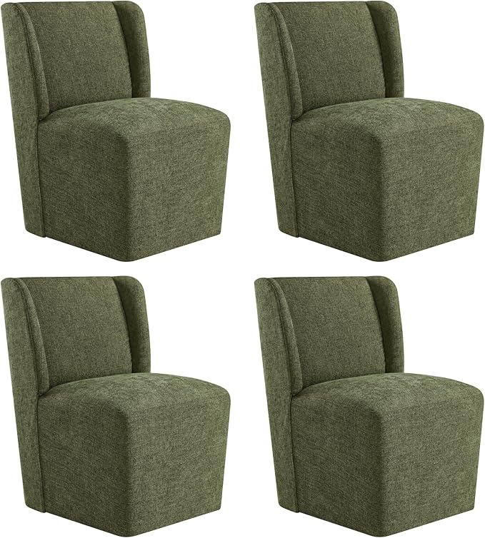 Upholstered Dining Chair with Casters Wingback Modern Side Armless Deskchair with Rollers for Diningroom Bedroom Livingroom Reading Room,Green,4 Box