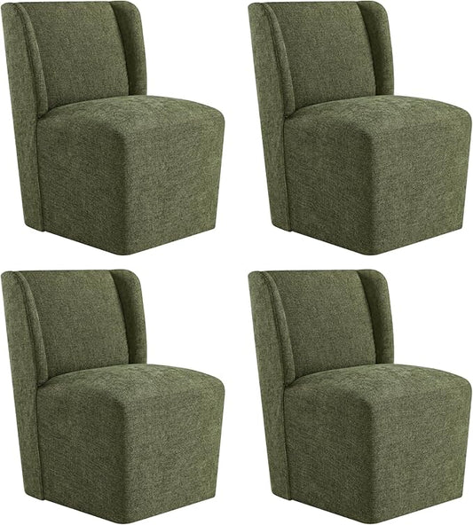 Upholstered Dining Chair with Casters Wingback Modern Side Armless Deskchair with Rollers for Diningroom Bedroom Livingroom Reading Room,Green,4 Box