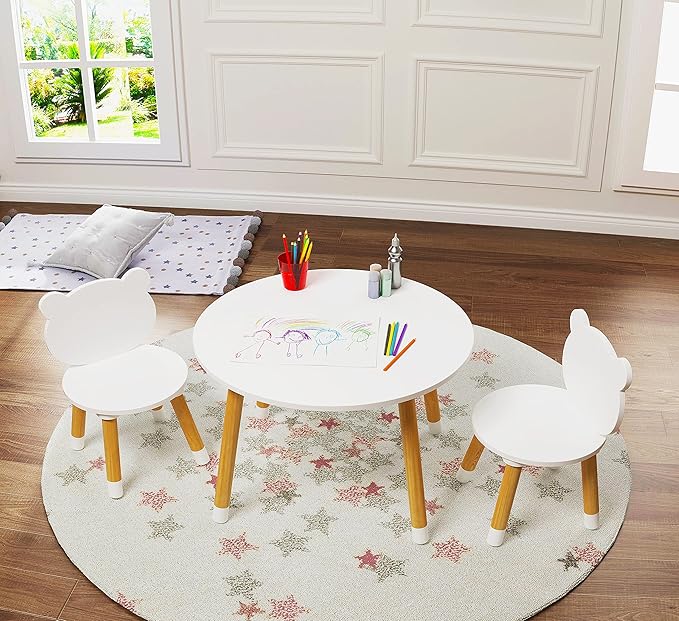 UTEX Kids Wood Table and Chair Set, Kids Play Table with 2 Chairs,3 Pieces Kids Round Table for Toddlers, Girls, Boys,White