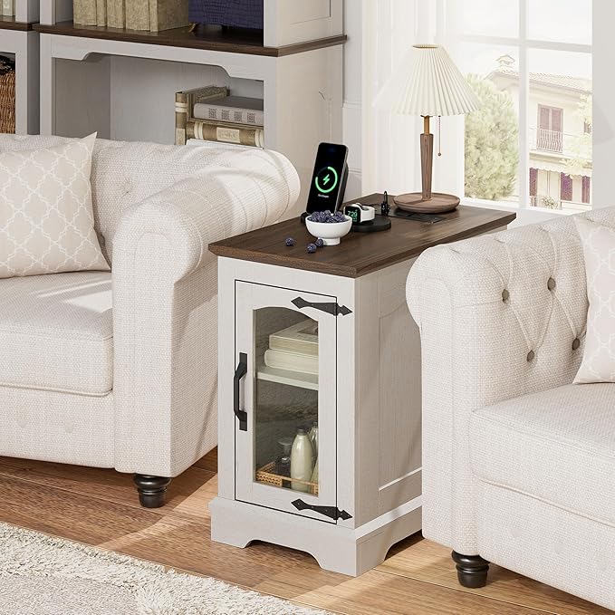 End Tables Set of 2 with Charging Station,13.8"W Narrow Side Table with Storage for Sofa Couch or Bed Side with Outlets & USB Ports, Farmhouse Nightstand with Glass Door for Bedroom Livingroom