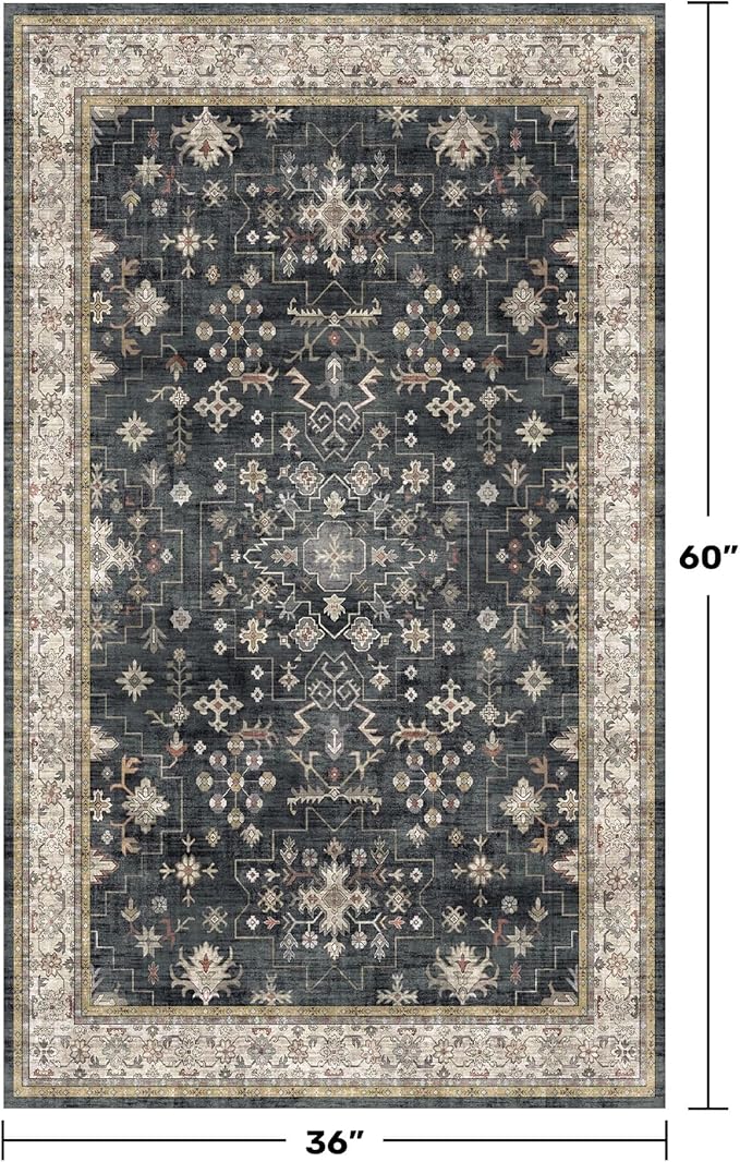 Large 3x5 Entryway Rug Indoor - Washable Non-Slip Low Pile Ultra Soft Area Rug for Large Kitchen, Bedroom Bedside, Mudroom - Boho Modern Aesthetic Geometric Decor (3x5 Black/Multi)