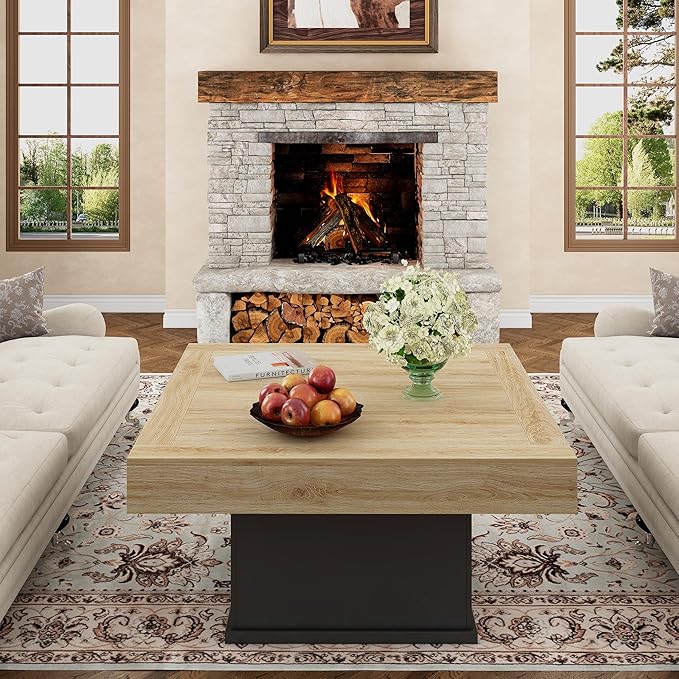 LED Coffee Tables for Living Room, Farmhouse Wood Coffee Table, 33.5" Square Coffee Table with Storage, Large Vintage Brown Center Table, Living Room Tables Cocktail Table (Natural)