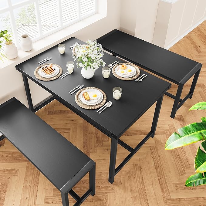 Dining Table Set for 4 with 2 Benches, 3-Piece Kitchen Table Set, Space-Saving Dining Set for Kitchen, Dining Room, Black