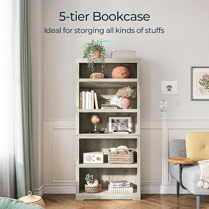 LINSY HOME 5-Shelf Bookcase, Bookshelves Floor Standing Display Storage Shelves 68 in Tall Bookcase Home Decor Furniture for Home Office, Living Room, Bed Room - Light Brown