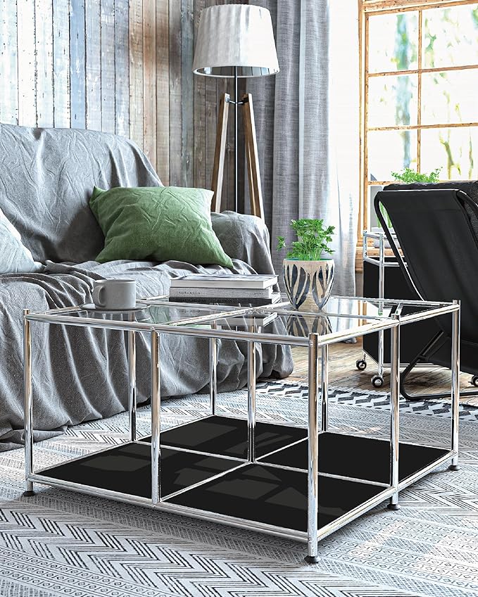 Matte Coffee Table with Open Storage, Square Tempered Glass Storage Rolling Coffee Table, Modern Design for Living Room, Meeting Room (Black)