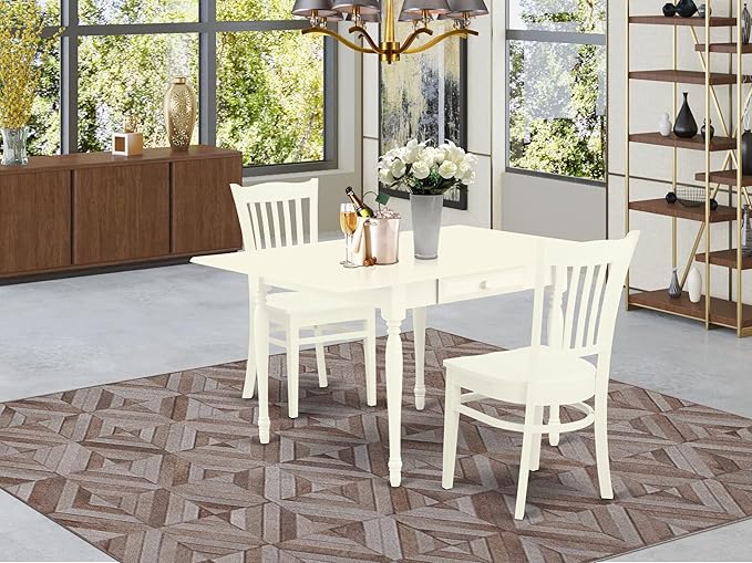 East West Furniture MZGR3-LWH-W 3 Piece Kitchen Table & Chairs Set Contains a Rectangle Dining Table with Dropleaf and 2 Dining Room Chairs, 36x54 Inch, Linen White