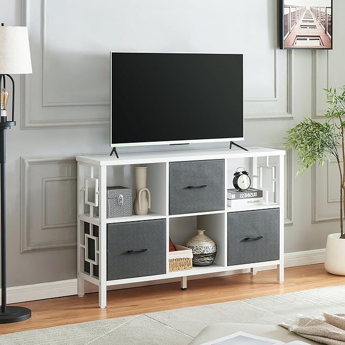 HOMISSUE 6 Cube Storage Organizer Shelf, Rustic Short Bookshelf with 3 Storage Bins, Industrial Horizontal Bookshelf with Metal Frame, Low and Wide Cube Bookcase for Living Room and Office, White