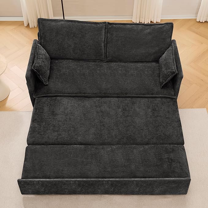 Furnimart 59.5" Queen Size Pull Out Sofa Bed, 3 in 1 Convertible Sleeper Bed with USB/C-Type Charging Ports & Side Pockets, Modern Futon Couch for Living Room, Apartment, RV, Chenille Black