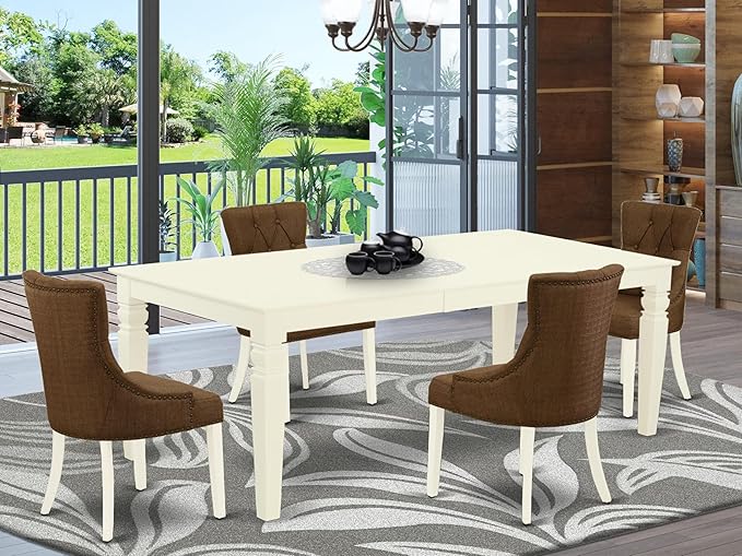 East West Furniture LGFR5-LWH-18 5 Piece Dining Table Set Includes a Rectangle Kitchen Table with Butterfly Leaf and 4 Brown Linen Linen Fabric Upholstered Chairs, 42x84 Inch, Linen White