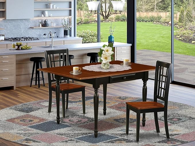 East West Furniture MZNI3-BCH-W 3 Piece Dining Table Set for Small Spaces Contains a Rectangle Dining Room Table with Dropleaf and 2 Wood Seat Chairs, 36x54 Inch, Black & Cherry