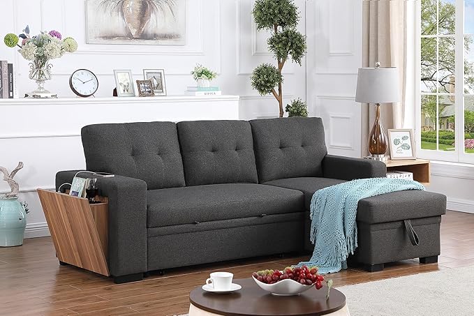 Devion Furniture Garisa 4-in-1 Convertible L Shaped Couch with Pull Out Bed and Storage, Sectional Sleeper Sofa with Reversible Chaise for Living Room, Apartment, Bedroom, Office