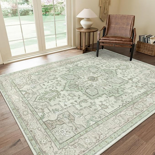 GENIMO 6x9 Area Rugs for Living Room, Machine Washable Non Slip Vintage Rugs, Low Pile Lightweight Chenille Print Rug for Bedroom, Dining Room, Home Office, Oat Light