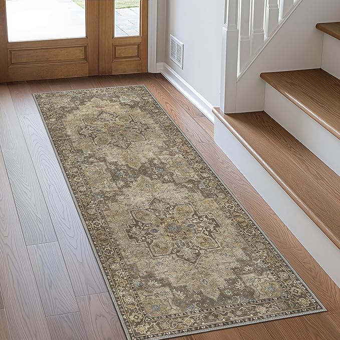 GENIMO 2x12 Runner Rugs for Hallway, Machine Washable Non Slip Vintage Rugs, Low Pile Lightweight Soft Print Rug for enrtyway, Corridor, Home Office, Kitchen, Rustic Brown