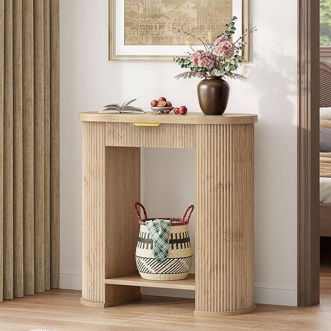 YITAHOME 31.5" Farmhouse Console Table for Entryway, Entry Hallway Foyer Table with 2 Drawers and Storage Shelf, Large Sofa Behind Couch Fluted Elliptical Desk for Hallway Living Room, Oak Color