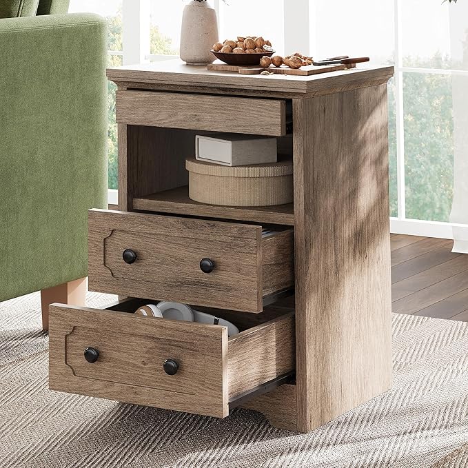 LIKIMIO Night Stand, Modern Bedside Table with 2 Drawers, Open Shelf, End Table with Pull-Out Tray, Wood SideTable, Grey Oak
