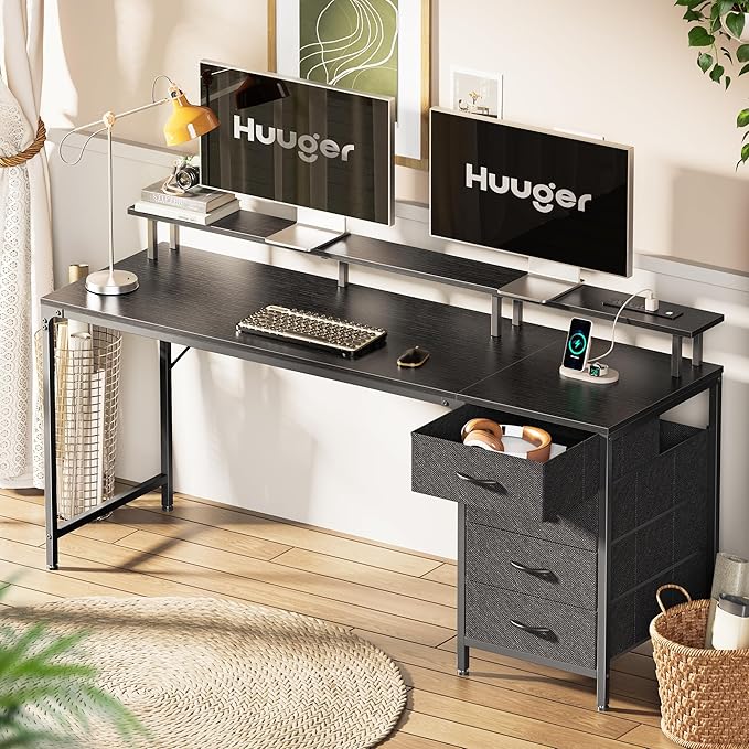Huuger 63 Inch Computer Desk with Power Outlets and LED Lights, Gaming Desk with 4 Drawers, Office Desk with Monitor Stand, Study Desk Work Desk for Home Office, Black