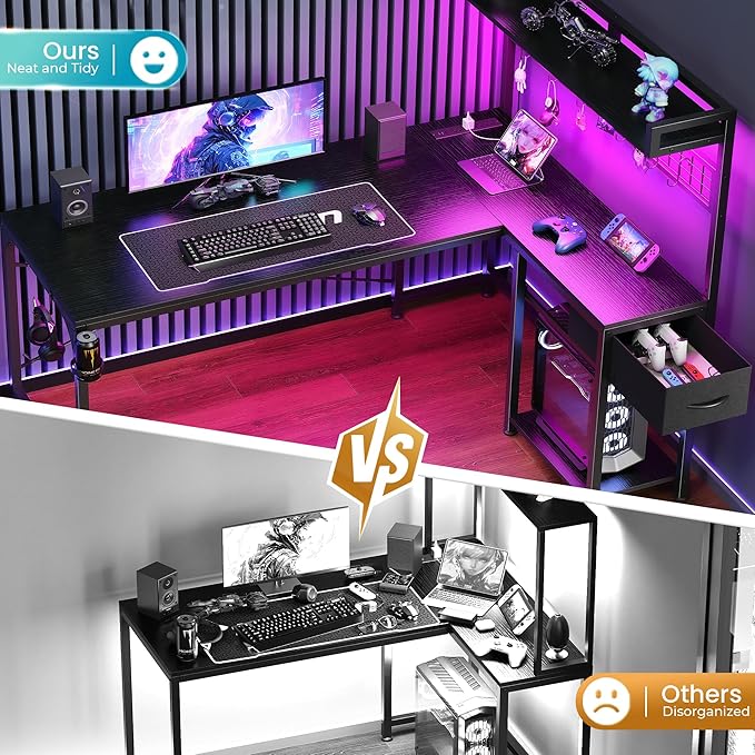 PRAISUN L Shaped Gaming Desk with Shelves, Corner Computer Table with LED Lights, Power Outlets and USB-C Ports, 50 Inch Reversible Home Office Desk with Storage Drawer, for Work and Study, Black