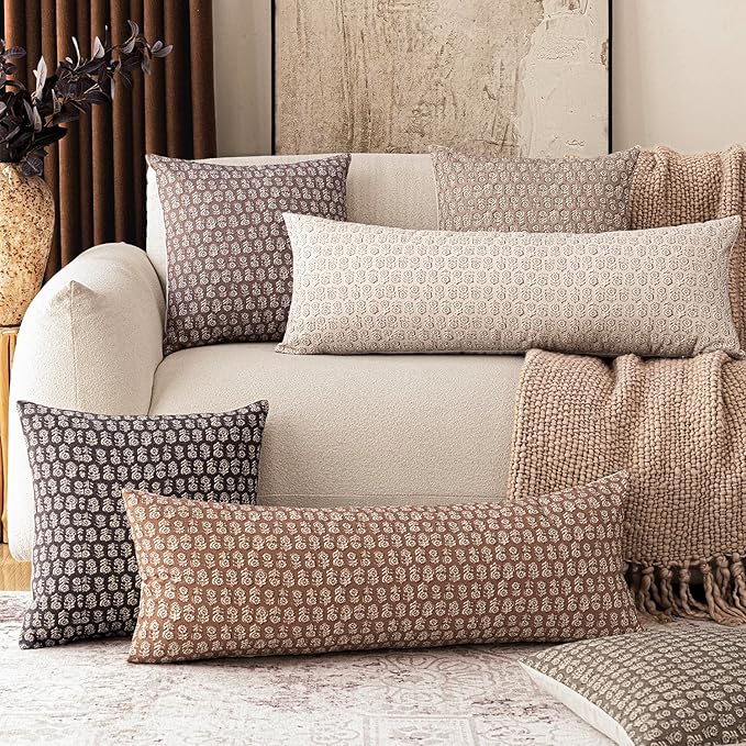 Foindtower Set of 2 Decorative Vintage Long Lumbar Throw Pillow Covers Neutral Modern Farmhouse Cushion Covers Floral Home Decor for Sofa Couch Chair Bedroom Living Room Outdoor,14×36 Inch,Wine Red
