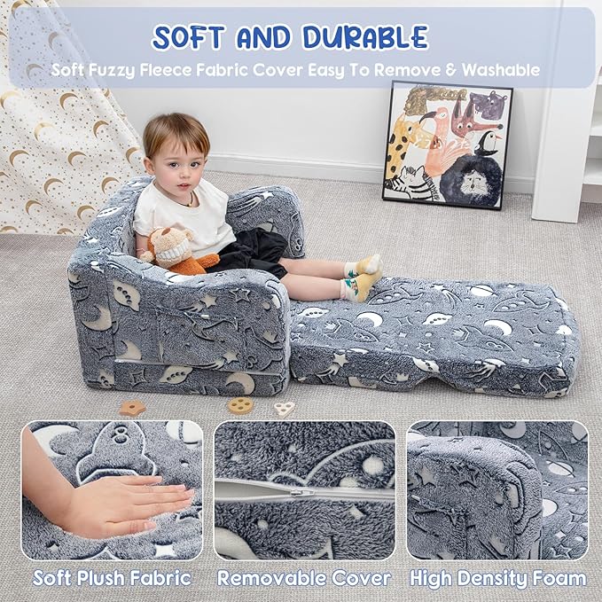 Comfy Toddler Couch and Chair for Kids with Blanket, 2-in-1 Soft Plush Fold Out Kids Sofa Chairs for Girls and Boys, Convertible Sofa to Lounger for Playroom, Glowing Starry Sky