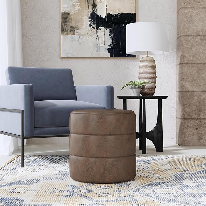 HomePop Upholstered Faux Leather Round Ottoman (No Lid, Seat Only) Home Décor | Round Pouf Foot Rest – Brown Faux Leather