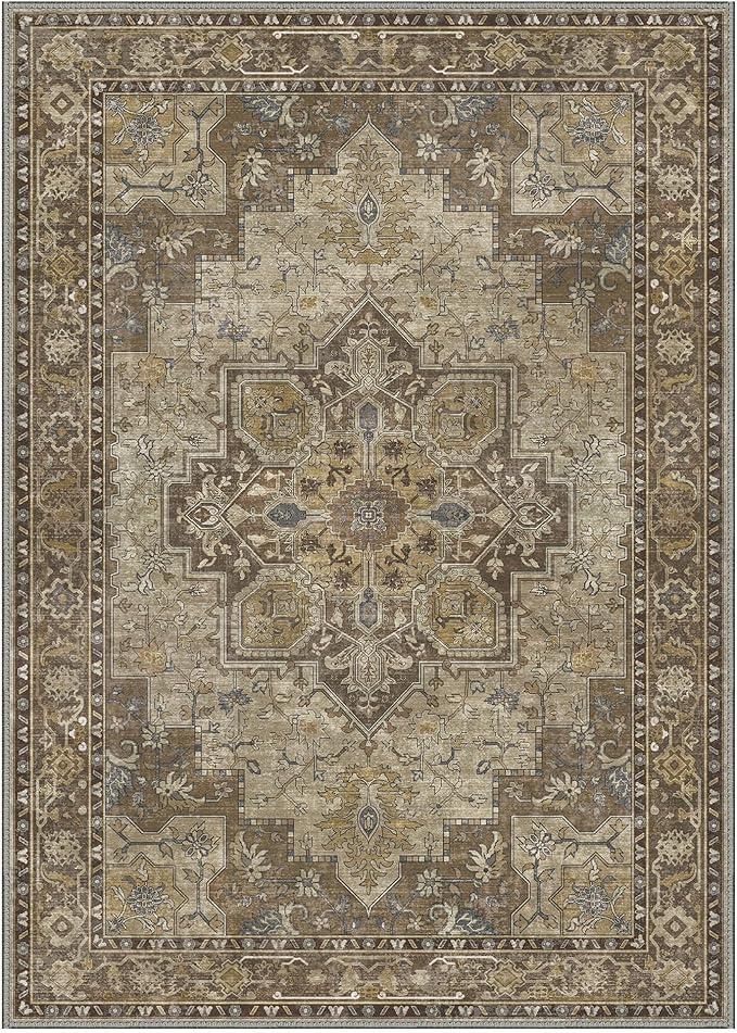 GENIMO 5x7 Area Rugs for Living Room, Machine Washable Non Slip Vintage Rugs, Low Pile Lightweight Chenille Print Rug for Bedroom, Dining Room, Home Office,Rustic Brown
