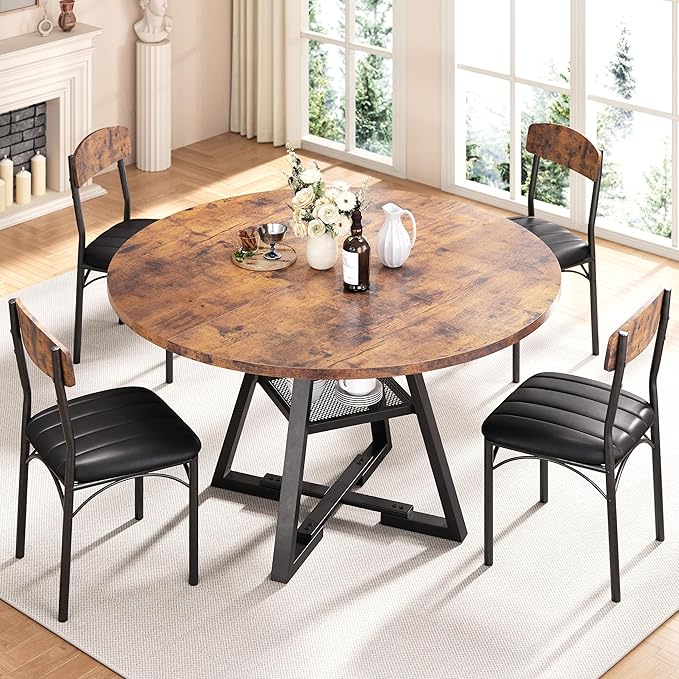 Round Dining Table Set for 4, Kitchen Table and Chairs for 4, Circle Table Round Pedestal Dining Room Dinner Dinette Table Set,5 Piece Space Saving Wood Kitchen & Dining Room Tables Set Furniture