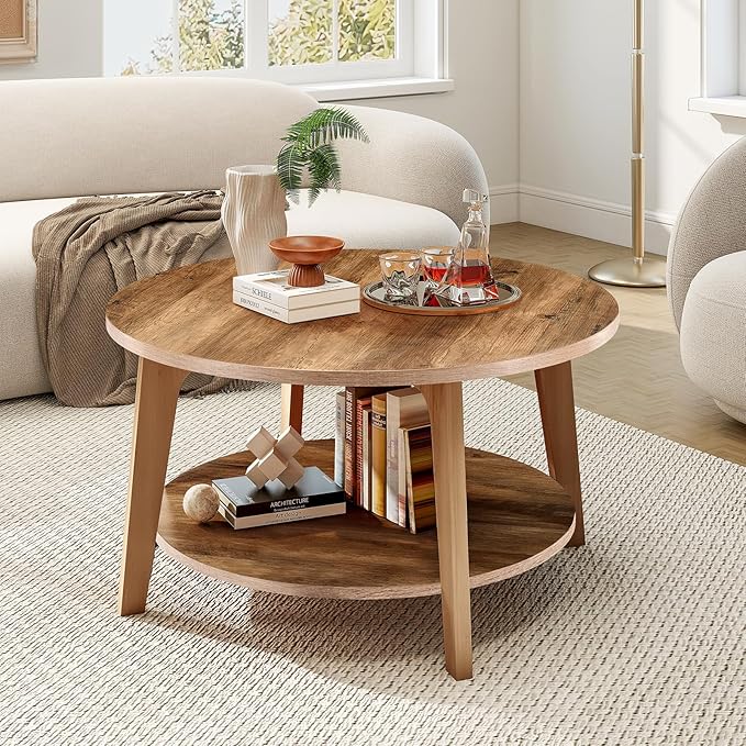 Sweetcrispy Round Coffee Table, 32'' Wood Coffee Tables for Living Room with Storage, 2-Tier Center Circle Counter with Wooded Desktop, 50 lbs Capacity, Anti-Slip Feet, Modern Farmhouse Design, Brown