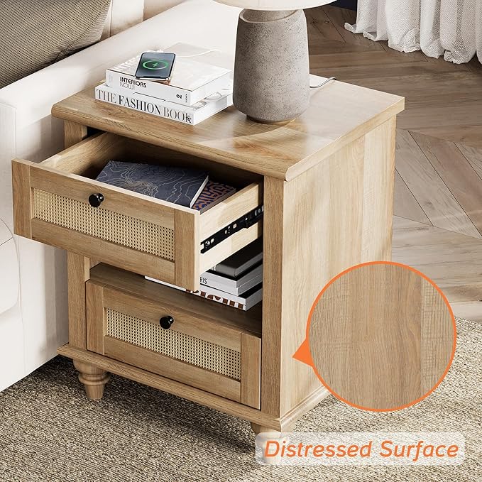 WAMPAT Set of 2 Rattan Night Stands Side Tables with Charging Station, Wood End Table for Living Room with Drawers & Shelf, Farmhouse Bedside Table Nightstand for Bedroom, Oak