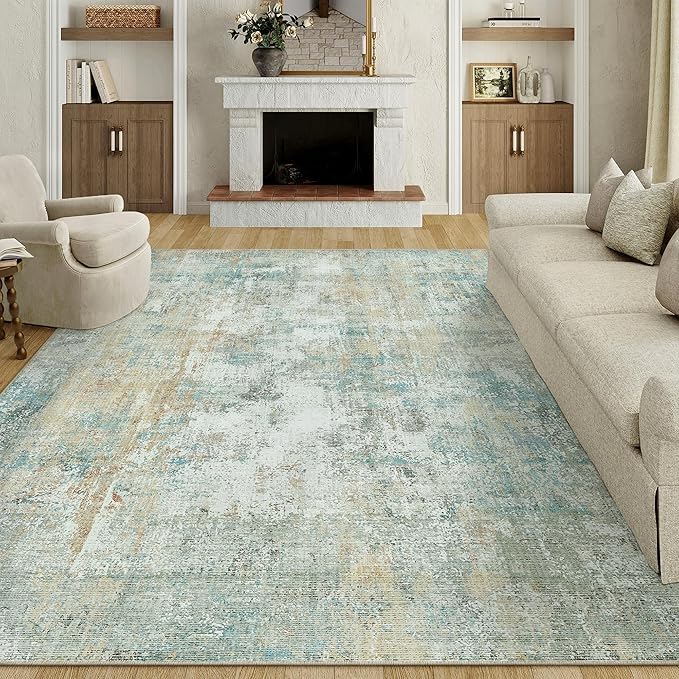 8x10 Washable Area Rug Teal Beige Modern Neutral Abstract Living Room Bedroom Indoor Floor Carpet Low Pile Soft Non-Slip Lightweight Vacuumable Large Throw Rug for Nursery Dining Room