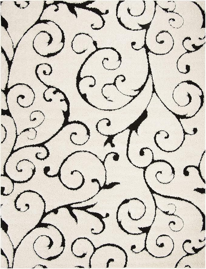 SAFAVIEH Florida Shag Collection Area Rug - 9'6" x 13', Ivory & Black, Scroll Design, Non-Shedding & Easy Care, 1.2-inch Thick Ideal for High Traffic Areas in Living Room, Bedroom (SG455-1290)