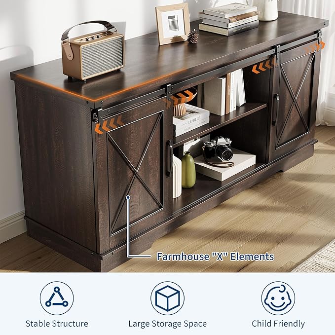 IDEALHOUSE Farmhouse TV Stand and Entertainment Center for Tv up to 65 inches with Sliding Barn Doors and Adjustable Shelf, Tv Media Console Table with Storage Cabinet for Living Room, Brown