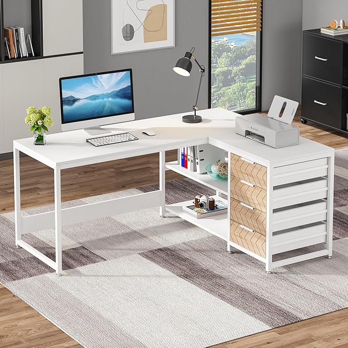 Tribesigns L Shaped Computer Desk with Storage Drawers, 59 inch Corner Desk with Shelves, Reversible L-Shaped Office Desk Study Writing Table Workstation for Home Office, White